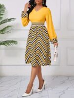 Rochie Midi Viorya Galbena cu Print Geometric - imagine 3