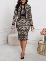 Compleu cu Rochie Midi Vorien Bej cu Print Negru