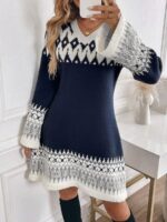 Rochie Tricotata Scurta Lenna Bleumarin cu Print Alb