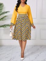 Rochie Midi Viorya Galbena cu Print Geometric
