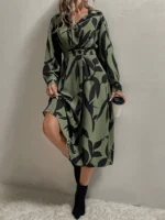 Rochie Midi Jasmina Khaki cu Print Frunze Negre