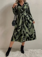 Rochie Midi Jasmina Khaki cu Print Frunze Negre - imagine 4