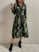 Rochie Midi Jasmina Khaki cu Print Frunze Negre - imagine 3