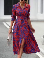 Rochie Midi Comiza cu Print Geometric Rosu Albastru