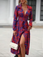 Rochie Midi Comiza cu Print Geometric Rosu Albastru - imagine 3