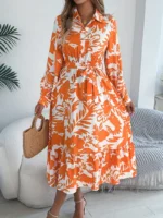 Rochie Midi Kristen Bej cu Print Floral Portocaliu