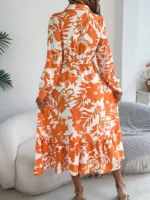 Rochie Midi Kristen Bej cu Print Floral Portocaliu - imagine 2