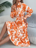 Rochie Midi Kristen Bej cu Print Floral Portocaliu - imagine 4