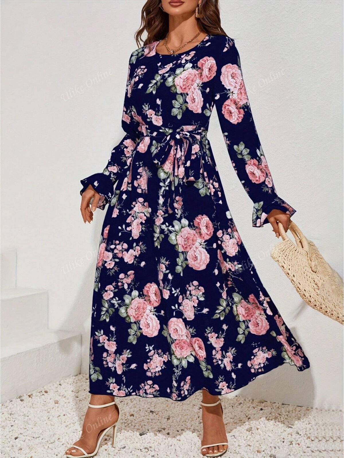 Rochie Midi Mirna Bleumarin cu Print Floral Roz - imagine 1