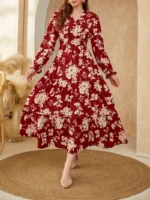 Rochie Midi Natty Rosie cu Flori Bej
