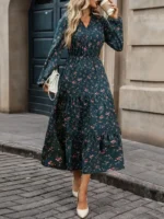 Rochie Lunga Simone Verde Inchis cu Print Floral
