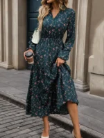 Rochie Lunga Simone Verde Inchis cu Print Floral - imagine 3