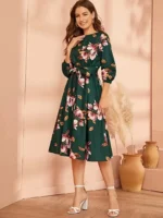 Rochie Midi Khiara Verde Inchis cu Print Floral - imagine 4