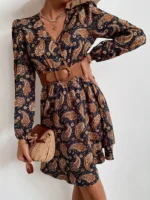 Rochie Scurta Donya Bleumarin cu Print Geometric Maro