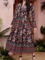 Rochie Midi Ella Bleumarin cu Print Maro