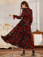 Rochie Lunga Andreea Neagra cu Print Floral Rosu - imagine 2