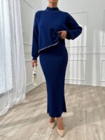 Compleu Tricotat cu Rochie Lunga Malva Bleumarin