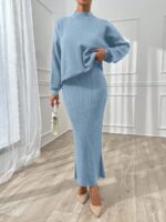 Compleu Tricotat cu Rochie Lunga Simona Bleu cu Perle