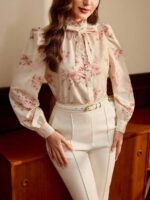 Bluza Dama Florina Crem cu Flori Roz - imagine 3