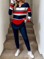 Compleu cu Pantalon Melisa Bleumarin cu Dungi Albe si Rosii