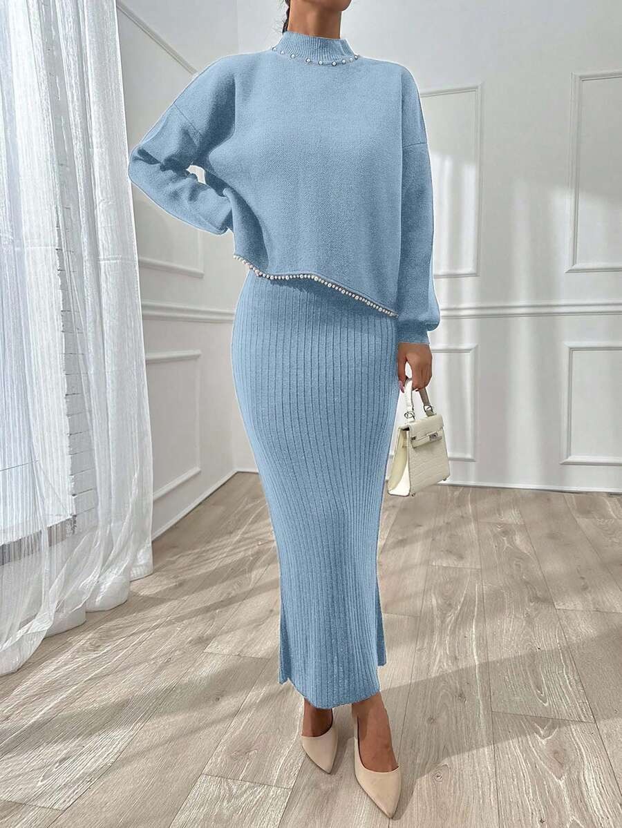 11 Compleu Tricotat cu Rochie Lunga Simona Bleu cu Perle - imagine 4