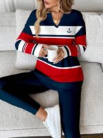 Compleu cu Pantalon Melisa Bleumarin cu Dungi Albe si Rosii - imagine 3