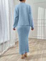 Compleu Tricotat cu Rochie Lunga Simona Bleu cu Perle - imagine 2