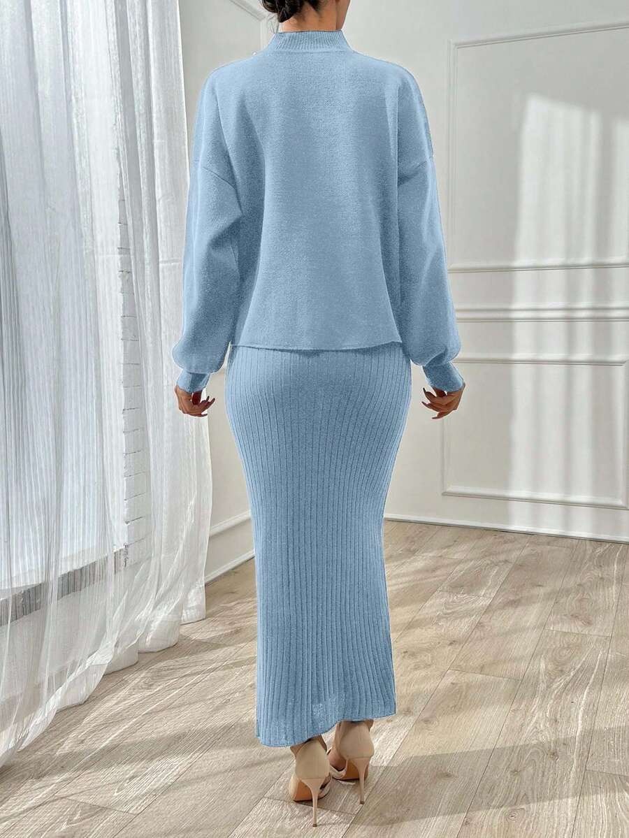 12 Compleu Tricotat cu Rochie Lunga Simona Bleu cu Perle - imagine 2