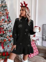 Rochie Scurta Tricotata Wilma Neagra cu Model de Craciun