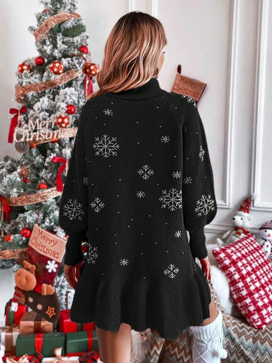 14 Rochie Scurta Tricotata Wilma Neagra cu Model de Craciun - imagine 2