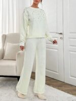 Compleu Tricotat cu Pantalon Elice Alb cu Strasuri - imagine 3