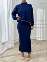 Compleu Tricotat cu Rochie Lunga Malva Bleumarin cu Perle - imagine 4