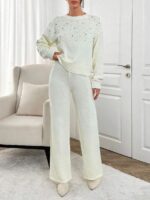 Compleu Tricotat cu Pantalon Elice Alb cu Strasuri