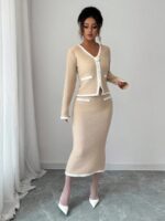 Compleu Tricotat cu Fusta Midi Irina Crem