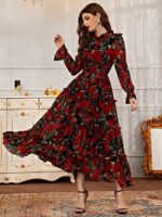 Rochie Lunga Andreea Neagra cu Print Floral Rosu