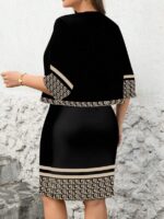 Compleu cu Rochie Scurta Adnana Negru cu Print Alb - Marimi Mari - imagine 2