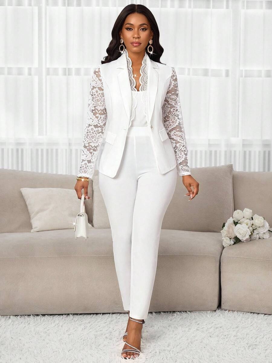 24 Compleu cu Pantalon Simina Alb - imagine 3