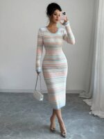 Rochie Midi Tricotata Paula Alba cu Dungi Multicolore - imagine 3