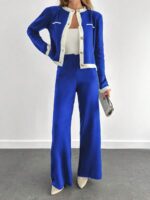 Compleu Tricotat cu Pantalon Lucia Albastru cu Dungi Albe