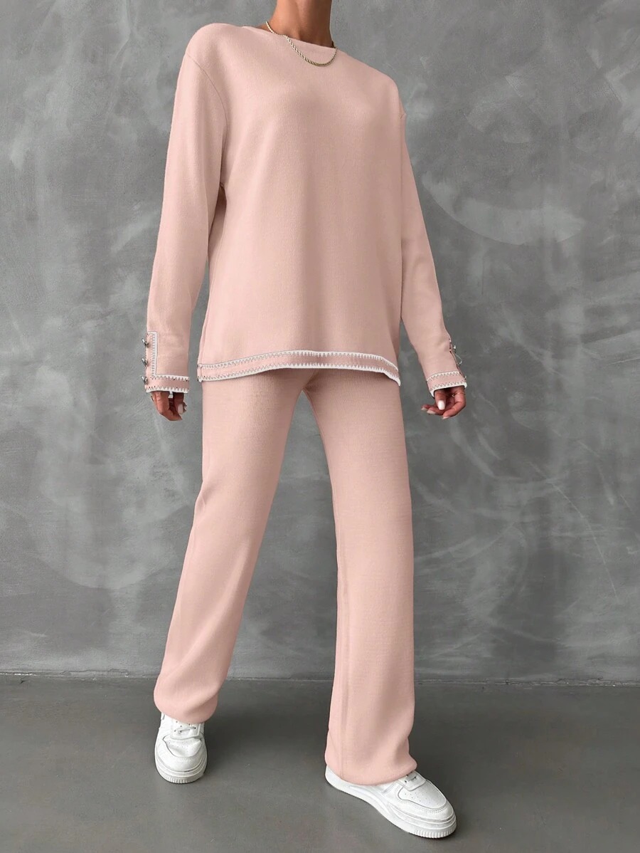 26 Compleu Tricotat cu Pantalon Camelia Roz - imagine 3