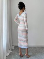 Rochie Midi Tricotata Paula Alba cu Dungi Multicolore - imagine 2