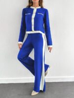 Compleu Tricotat cu Pantalon Lucia Albastru cu Dungi Albe - imagine 3