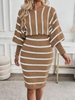 Rochie Scurta Tricotata Nelly Bej cu Dungi Albe