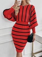 Rochie Scurta Tricotata Aida Rosie cu Dungi Negre