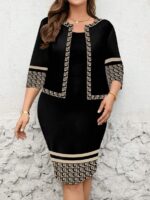 Compleu cu Rochie Scurta Adnana Negru cu Print Alb - Marimi Mari
