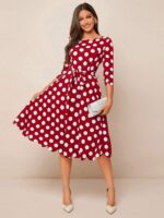 Rochie Midi Amela Rosie cu Buline Albe