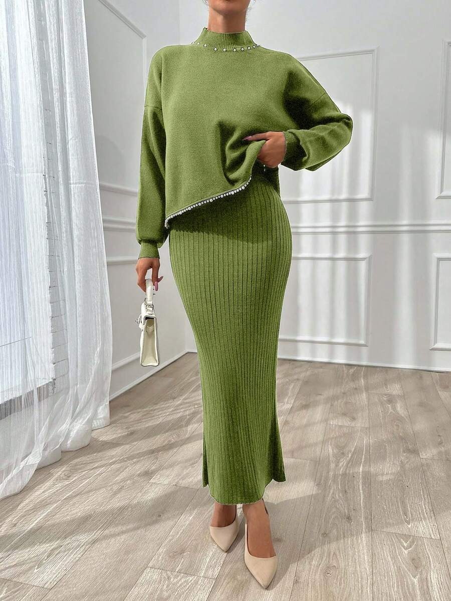32 Compleu Tricotat cu Rochie Lunga Simona Vernil cu Strasuri - imagine 3