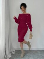 Rochie Midi Tricotata Monalise Grena cu Perle - imagine 5