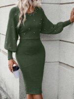 Rochie Midi Tricotata Monalise Kaki cu Perle