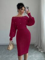 Rochie Midi Tricotata Monalise Grena cu Perle